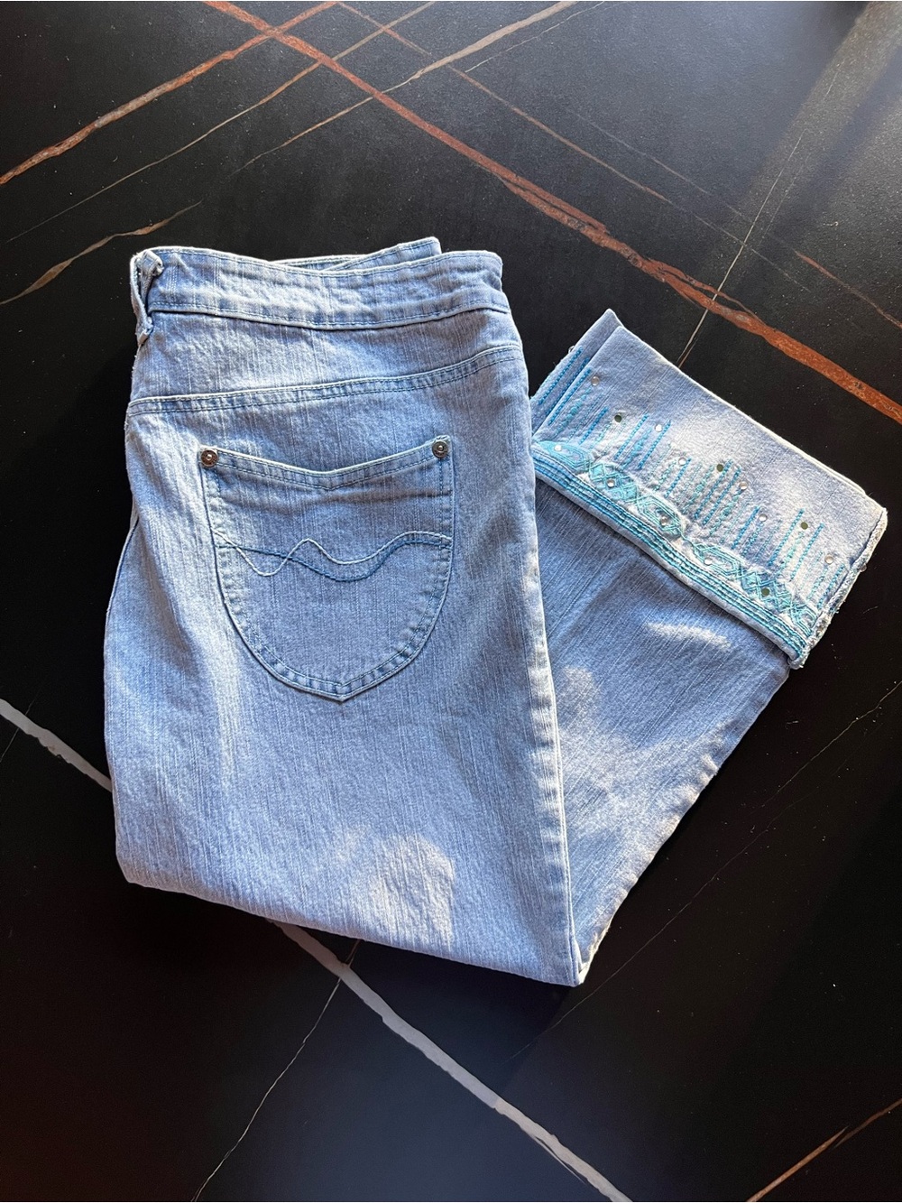 Cosmopolitan Light Blue Cropped Jeans with Embroidered Cuff